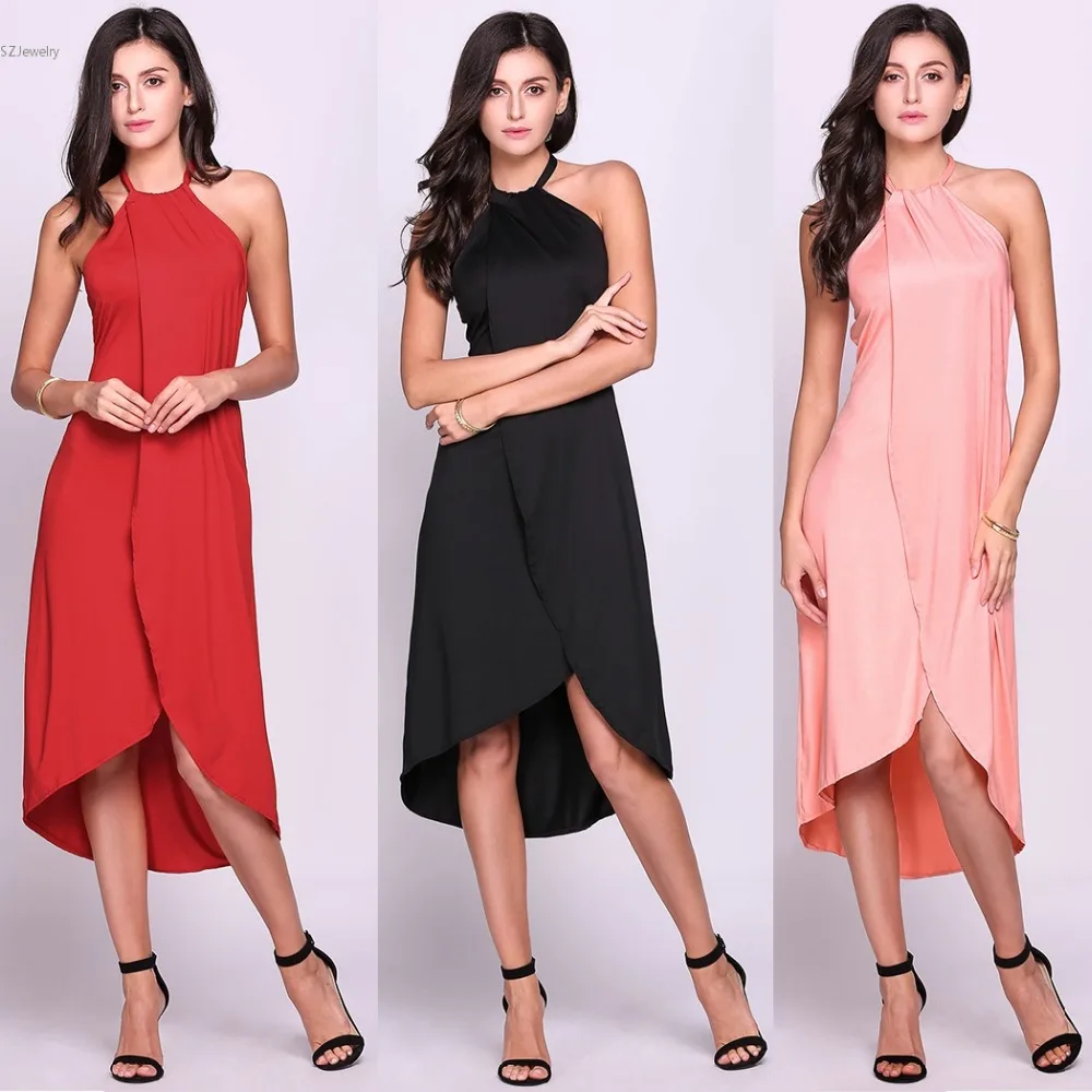 2017 Summer Women Halter Sleeveless Sexy Dresses Irregular High Low Hem