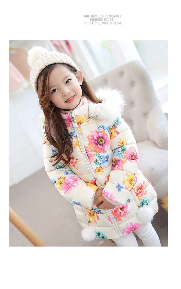 Baby Girls Coats Children's Thickening Hooded Warm Winter Jackets Coat floral hooded down feather long down Coats For Teenage 3-10Y kids clothing (15)