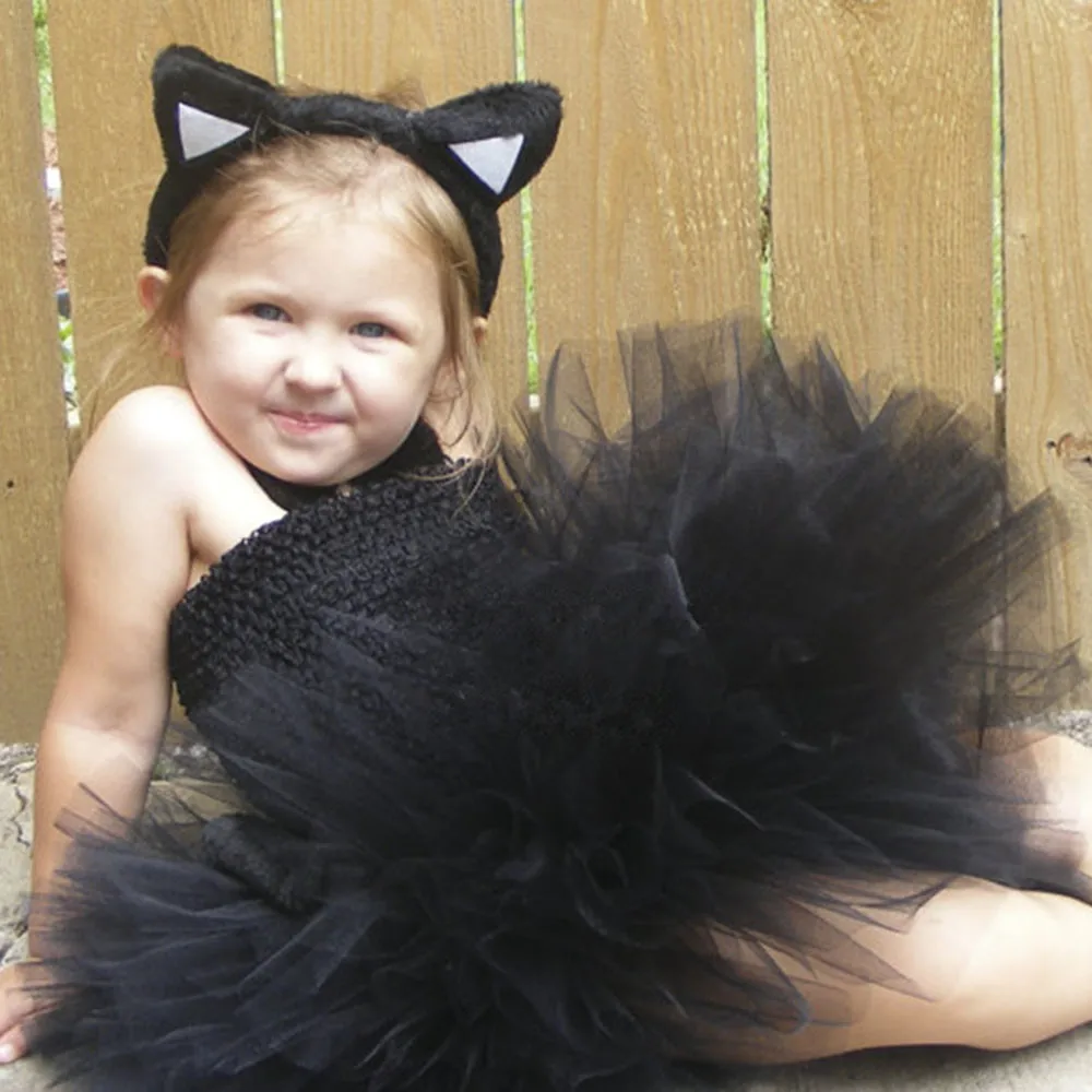 Чёрное платье пачка для маленьких девочек; маскарадный костюм с кошкой для хеллоуина; Детские бальные платья; фатиновое платье для дня рождения для девочек