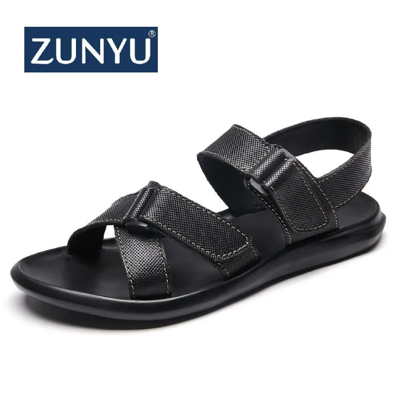 

ZUNYU 2019 New Black Sandals Men Slippers Summer Casual Genuine Leather Flat Shoes Soft Comfortable Beach Sandals Big Size 38-45