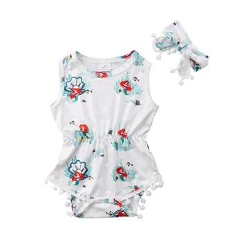 

2018 Brand New Summer Newborn Kid Baby Girls Mermaid Print Floral Clothes Jumpsuit Rompers Headband Girls Sunsuit Outfit Set