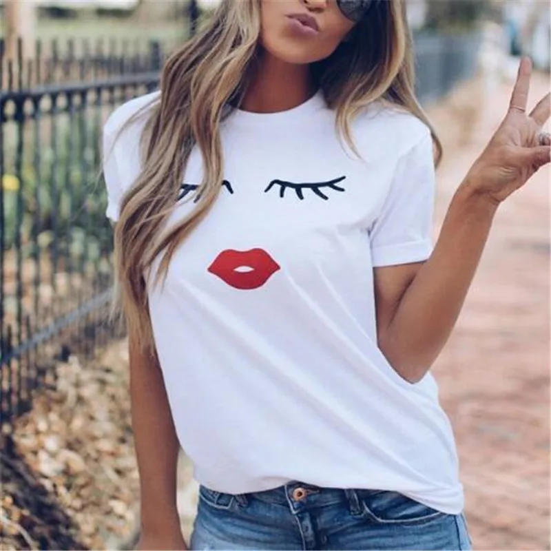 

Pretty Eye Lashes Red Lips Print Women t shirt 2019 Summer Casual Short Sleeve O Neck t-shirt Lady White TShirt black tops