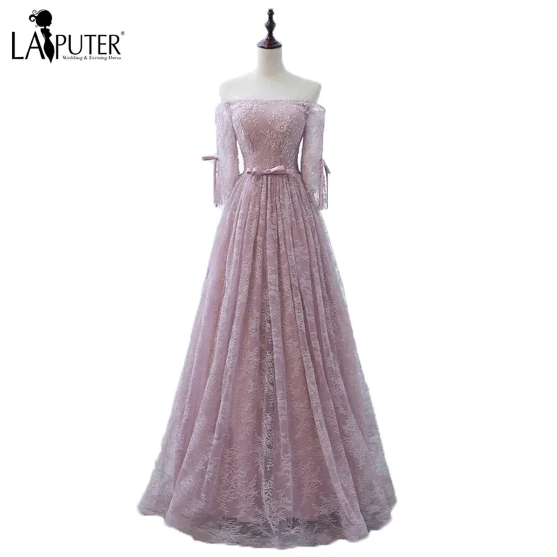 

A-line Floor Length Off the Shoulder Pink Lace Evening Prom Dresses with Bow Lace Up Back Beautiful Cheap Party Dress