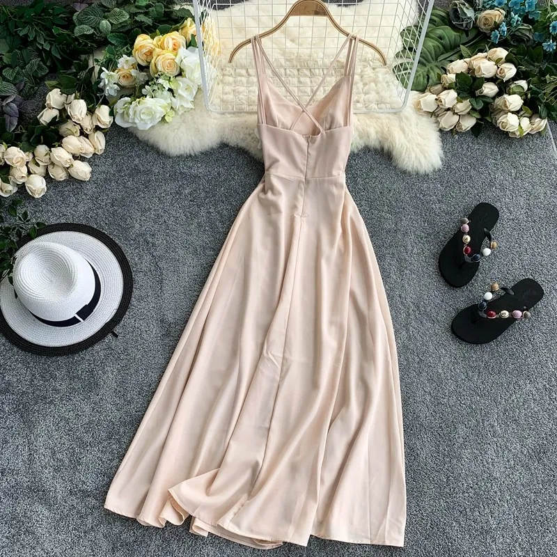 

2019 V Neck Spaghetti Strap Split Sexy Maxi Dress Women Party Backless Casual Beach Holiday Summer Dress Vestidos