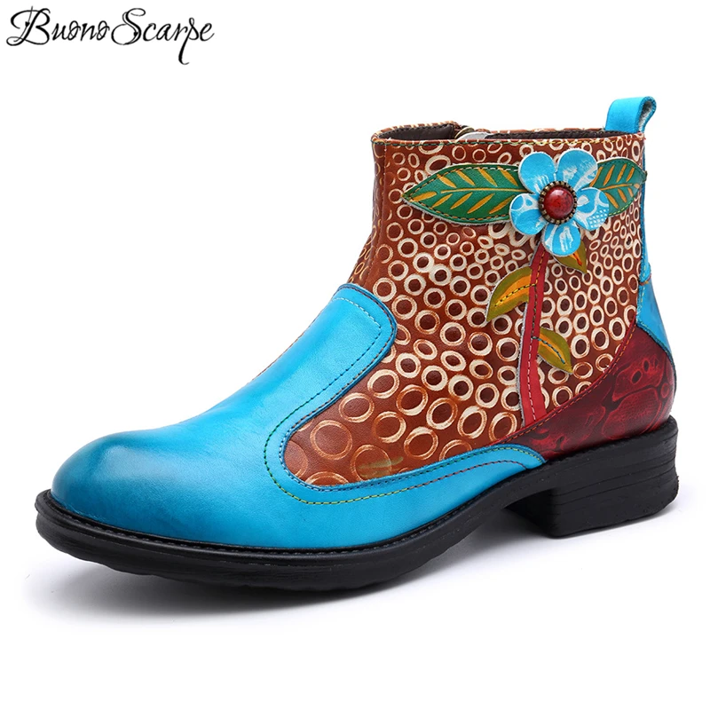 

Buono Scarpe New Arrival 2019 Women Charming Flowers Boots Fashion Handmade Patchwork Short Boots Mujer Real Leather Denim Boots