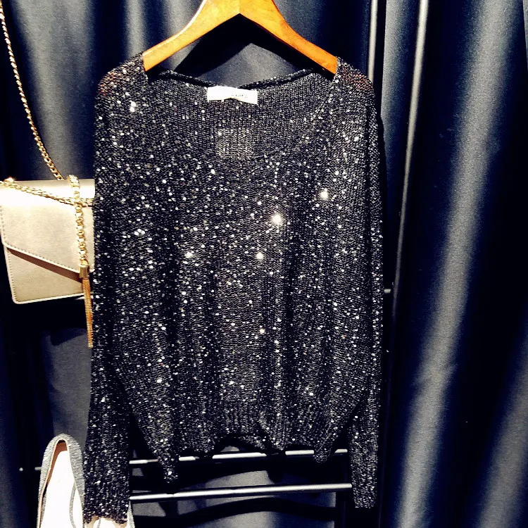 

sequins sweater pullover and jumper v neck women oversize beading sweaters tops 2019 spring new silver black pink blue red