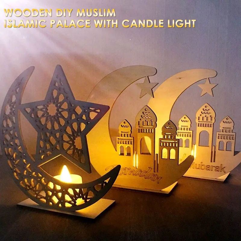 

Nordic Ramadan Ornament Muslim Wooden Plaque with Candle Light Wooden DIY Festival for Home Moon Ornament Weeding