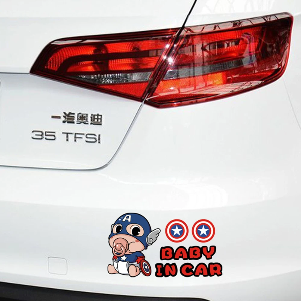 

Captain America Baby In Car Sticker Warning Decal For Ford Focus Volkswagen Polo Skoda Golf BMW E46 E39 Peugeot Opel Kia Lada