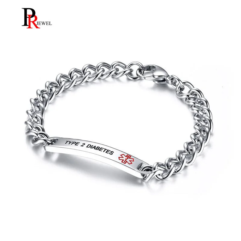 Индивидуальный тип 2 диабет медицинский оповещение ID браслет текст нержавеющая сталь звено цепи запястье