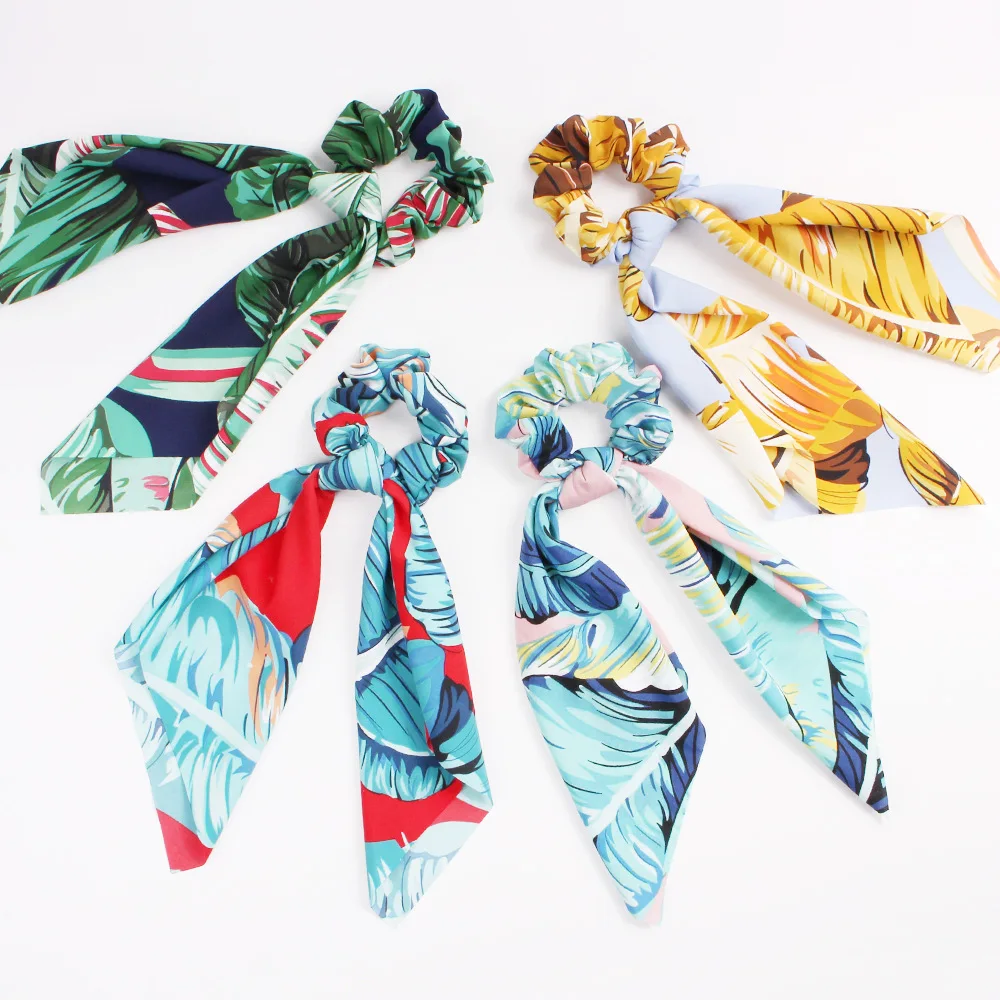 

Korean version of elegant ladies scarf flower print silk tight silk square scarf retro rubber band hair accessories headscarf