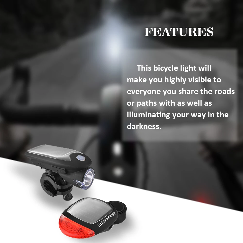 Discount Solar Energy Rechargeable Bicycle LED Light Bike Warning Lamp Front and Rear Safety Flashlight Accessories Set 6