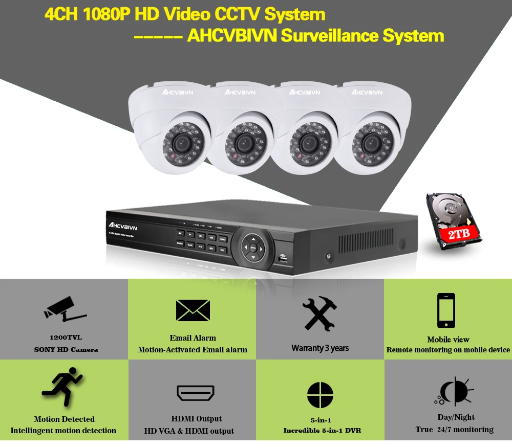 AHCVBIVN 4CH 1080P HDMI DVR 1200TVL 720P HD купольная внутренняя камера безопасности Система 4 канала видеонаблюдения DVR Комплект ночного видения камера