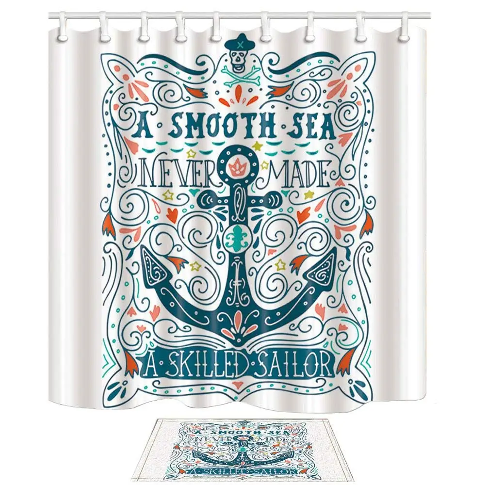 Nautical Marine Decor Vector Anchor in lettering 69X70in Mildew Resistant Polyester Fabric Shower Curtain and Mat Set | Дом и сад