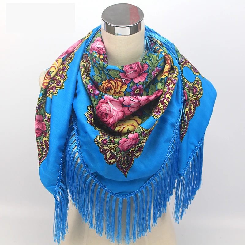 ZFQHJJ русская леди этнический стиль роскошный бренд женский квадратный шарф хлопок цветочный узор принт длинные кисточки шаль Хиджаб Шарф