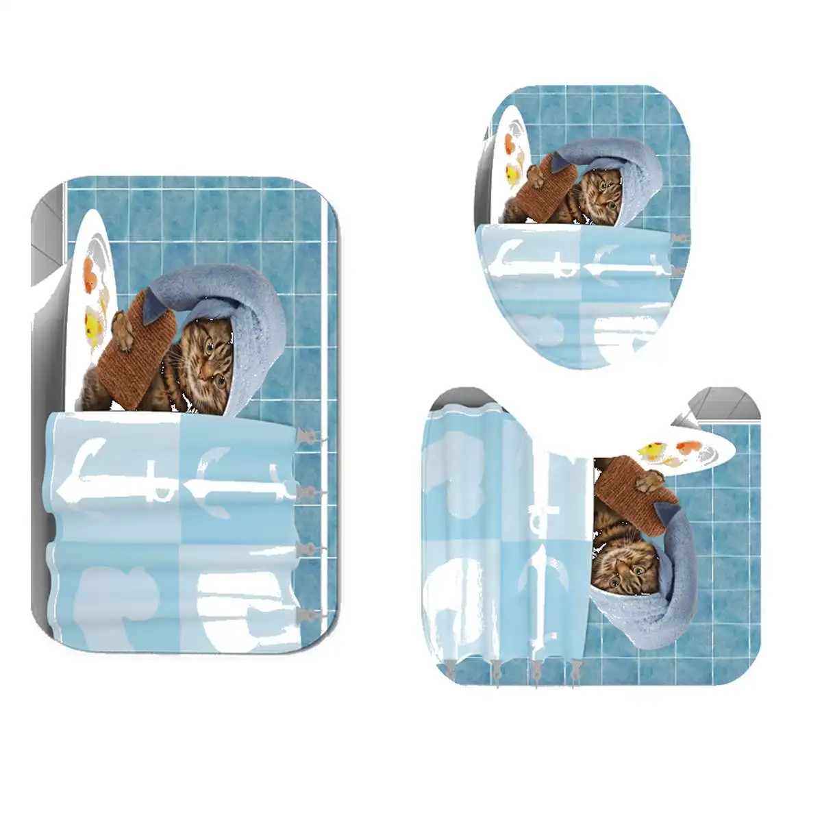 Милый Кот для купания Ванная комната полиэстер занавеска для душа пьедестал ковер крышка унитаза коврик для ванной набор водонепроницаемый w/12 крючков для ванной Декор - Цвет: Mat