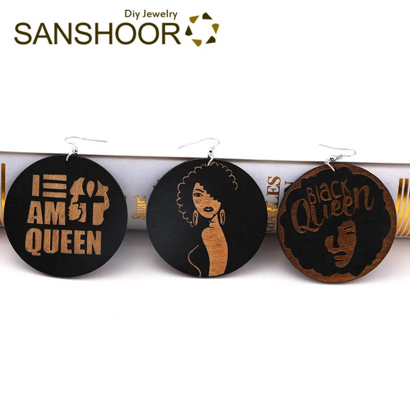 SANSHOOR 6 см Черная Королева серьги из дерева резные афканские женские АНК голова афроцентричные богемные ювелирные изделия в качестве подарков для дам 6 пар