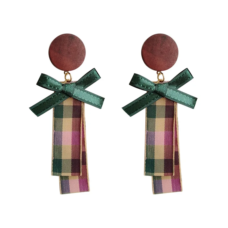 

Vintage Houndstooth Tartan Plaid Fabric Clip Earrings Women Wood Disc Ribbon Bowknot without Pierced Hole for Girl