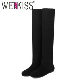 

WETKISS Stretch Women Boots Round Toe Knitting Flat With Footwear Over The Knee Elevator Female Sock Boot New Shoes Woman Winter
