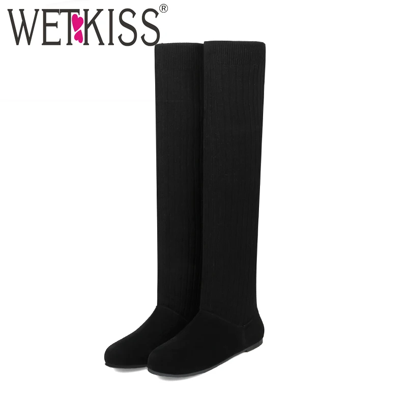 WETKISS/растягивающиеся женские сапоги вязаные выше колена на плоской подошве с