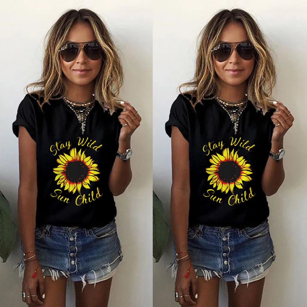 

Women Short Sleeve Sun Child Sunflower Printed Casual T-Shirts T-shirt Tee Tops
