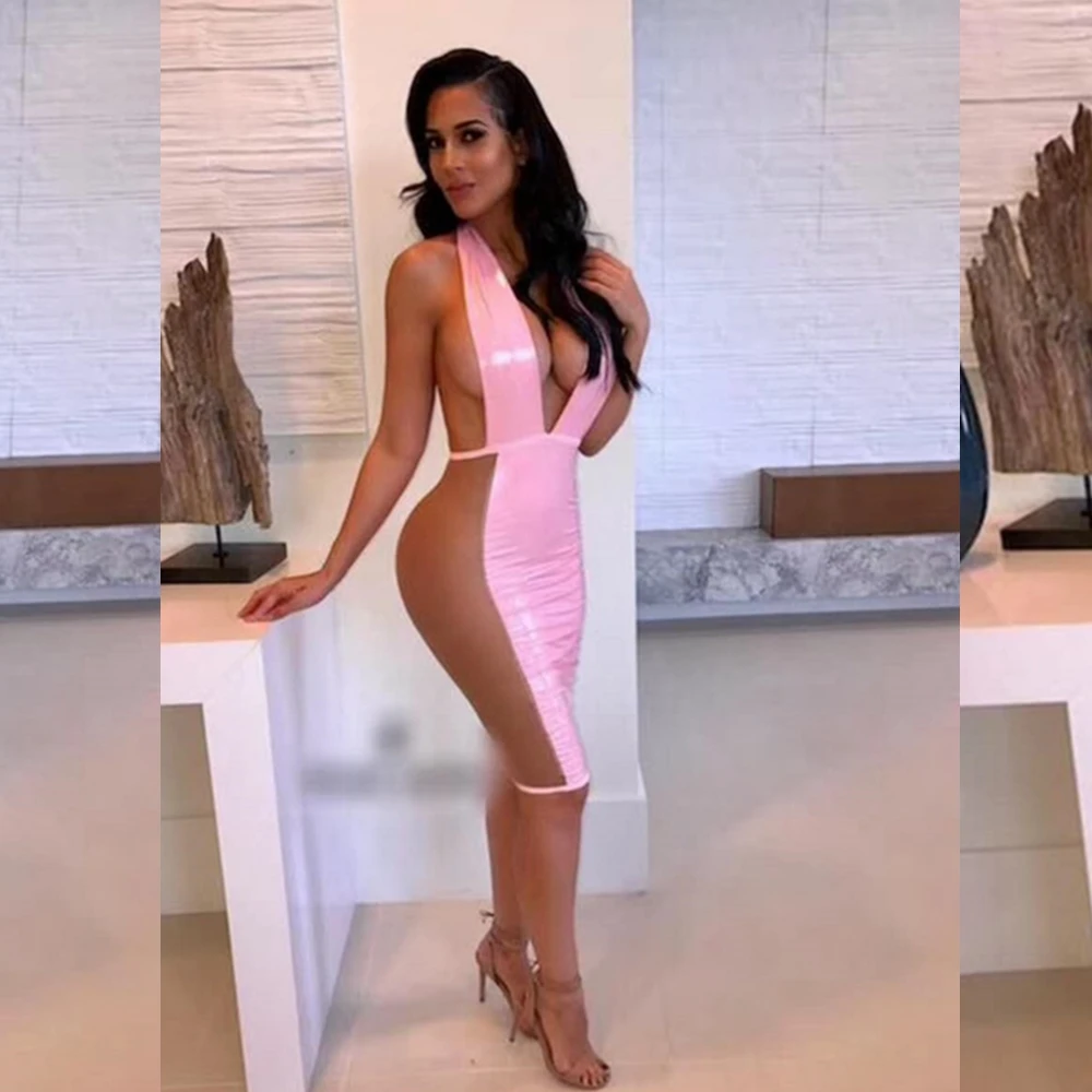 

2018 Fashion Elegant Pink Bandage Dress Sleeveless Patchwork Deep V Neck Sexy Women Summer Vestidos Bodycon Party Clubwear