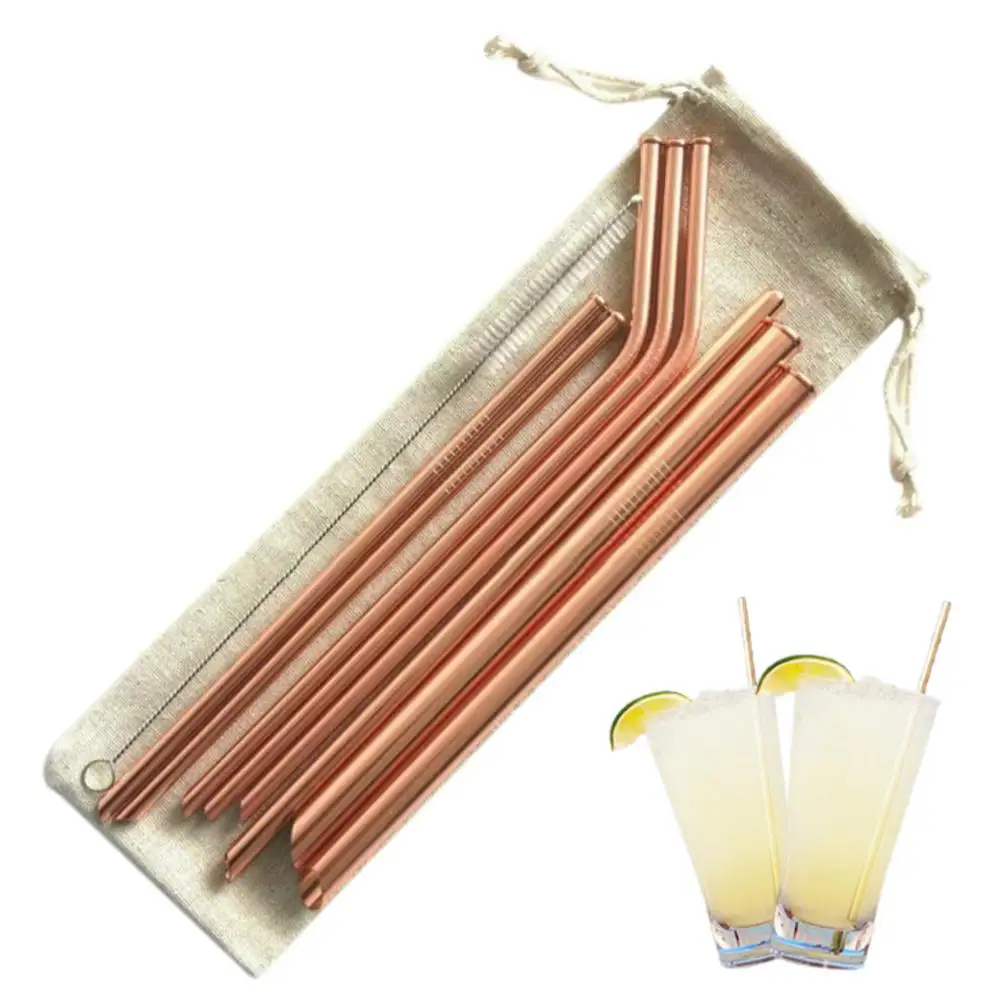 

8PCS Reusable Drinking Straw Rose Gold Stainless Steel Straw with Cleaner Brush Bent Straight Drinks Straw Bar Party Accessory