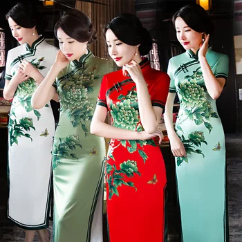 

4 Color Spring Women Long Cheongsam Vestidos Short Sleeved Qipao Vintage Chinese Traditional Slim Robe Dress
