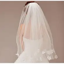 Высокое качество свадебные аксессуары Настоящее фото элегантное белое короткая фата клетка слоновая кость Свадебный один слой шаль с кружевными краями