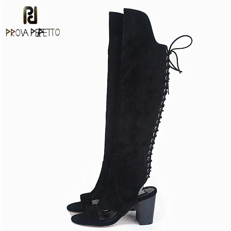 

Prova Perfetto 2018 New Arrived Lace up Fashion Knee-high Boots Real Leather High Heel Cross-tied Boots Black Rome Long Boots