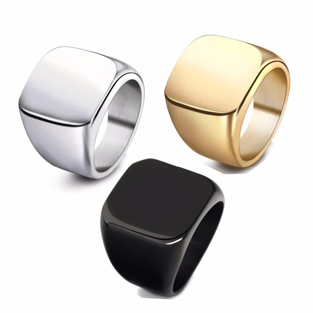 

4 Colors Classic Men's Square Titanium Finger Ring 24K 316L Stainless Steel Big Width Mens Signet Rings Jewelry Size 7-13