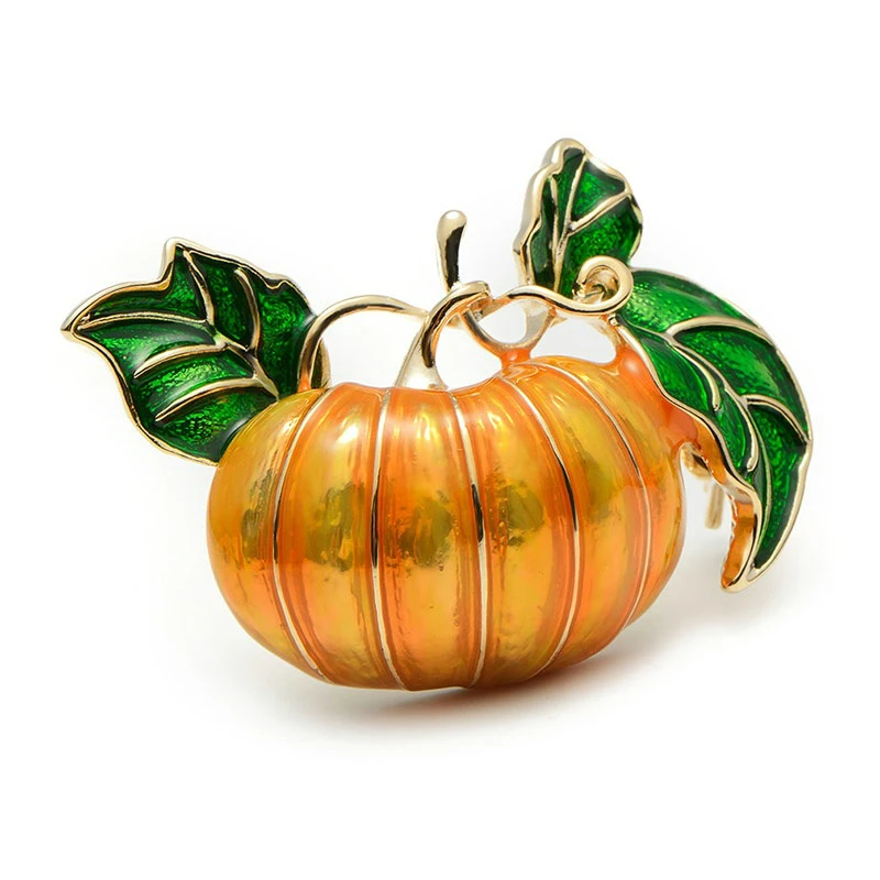 Halloween Pumpkin Brooch New Alloy Green Leaves Orange Enamel Pumpkin