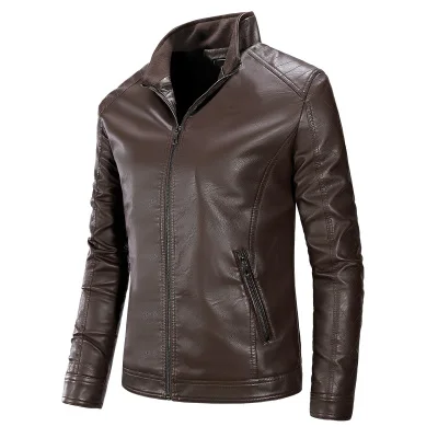 HCXY, мужские Куртки из искусственной кожи, осень, мужские пальто из искусственной кожи, мужская куртка с воротником-стойкой, утепленная мотоциклетная теплая одежда - Цвет: Коричневый