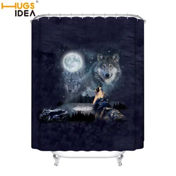

HUGSIDEA Cool Night Wolf Shower Curtains Bath Curtain Polyester Waterproof Bathroom Curtain Washable Bath Decor Blackout Curtain