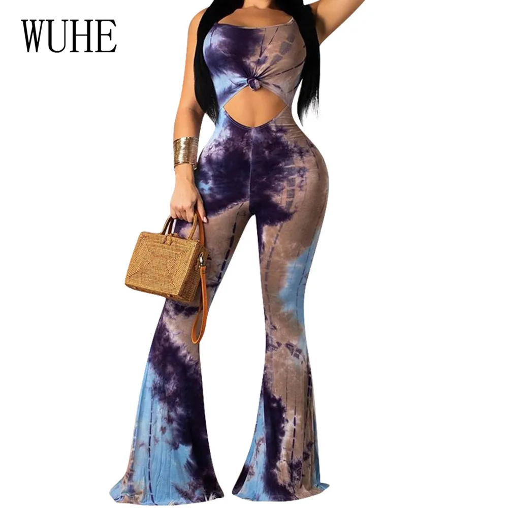 

WUHE High Quality Women's Halter Printed Flare Jumpsuits Sexy Hollow Out Backless Retro Playsuits Wome Summer Elegant Club Wear