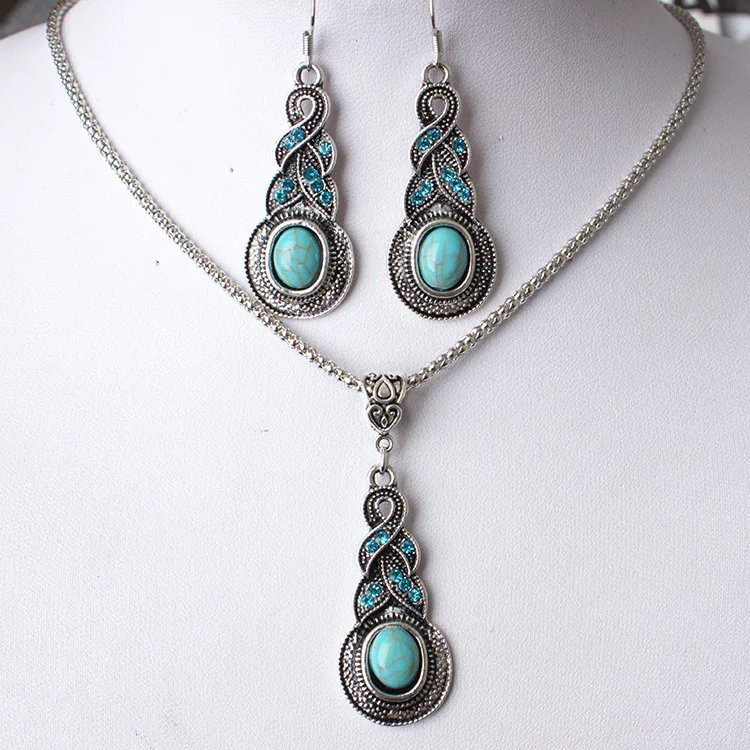 Eleple Vintage Drops Set Retro Pattern Green Stone Jewelry Turquoisa Necklace Earrings for Women Supplier C9A38 | Украшения и