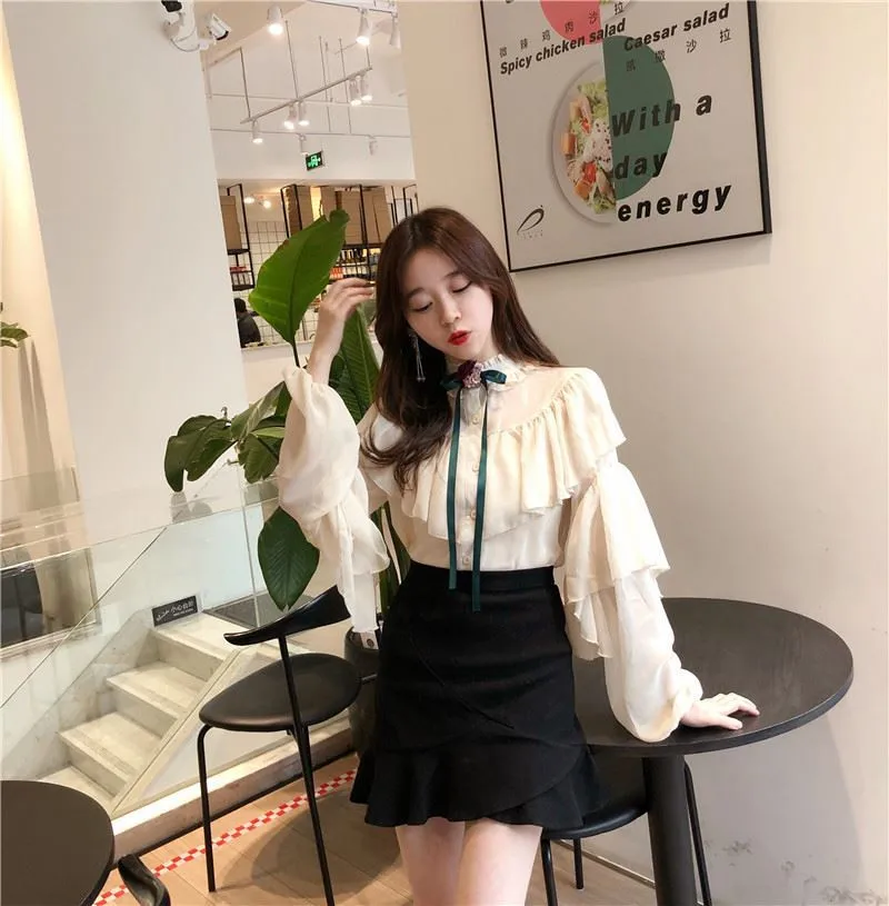 Для женщин топы корректирующие Весна 2019 корейский стиль модная одежда оборками офисные рубашка шифон Повседневная Блузка
