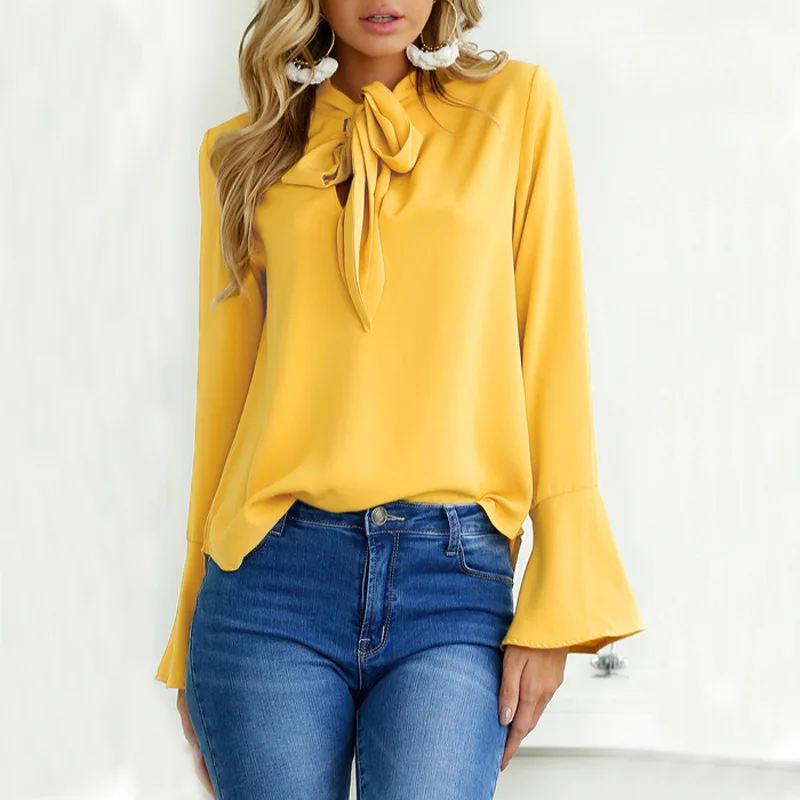 

2019 Summer Women Loose Casual Shirt Blouse Chiffon Women Yellow Pink Black Office Women color bow Long sleeves Blouse Tops