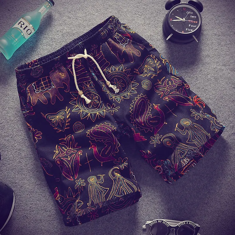  100% Cotton Summer Mens Fashion Boutique Printed Linen Cotton Casual Beach Shorts Mens Breathable C