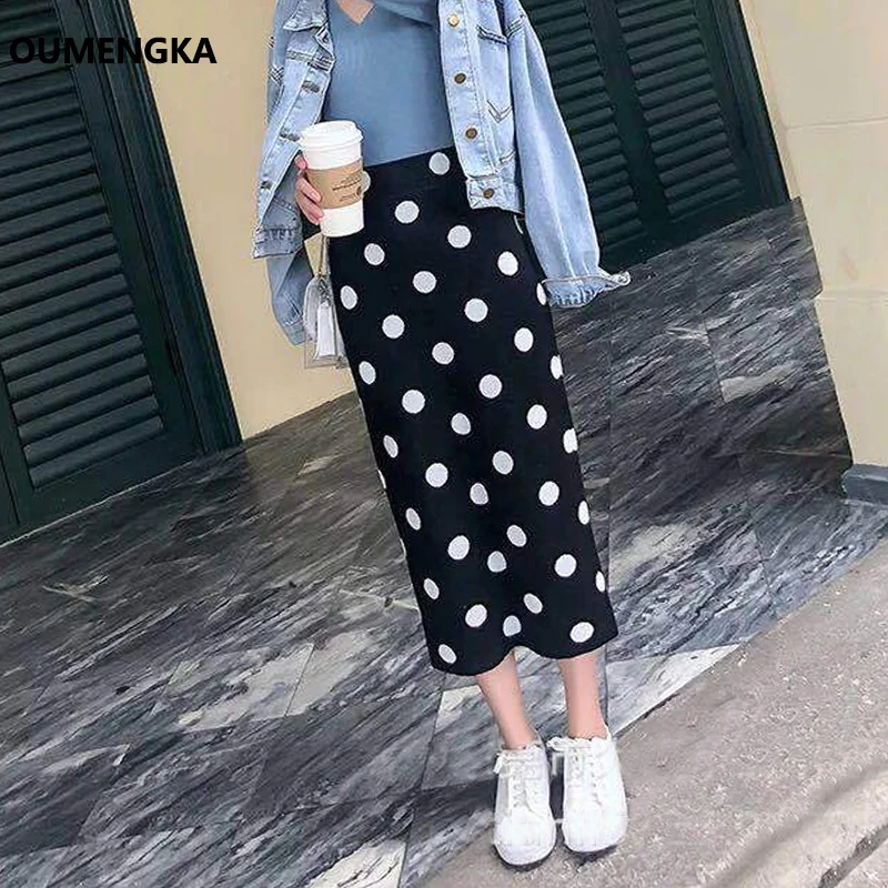 

OUMENGKA Skirt Long for Women 2019 Spring Dot Sweater Party Maxi Elastic Skirt Woolen Plaid Back Split Vintage Ladies Skirts