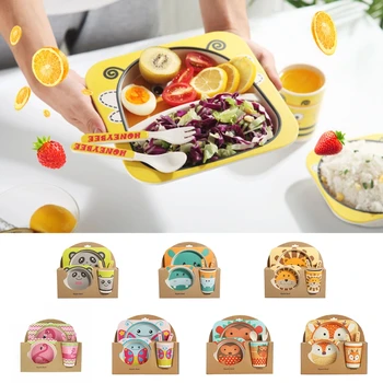 

5pcs/sets Baby Dish Tableware Set Natural Bamboo Fiber Bowl With Cup Spoon Plate Fork Feeding Dishes For Kids Utensils-M35