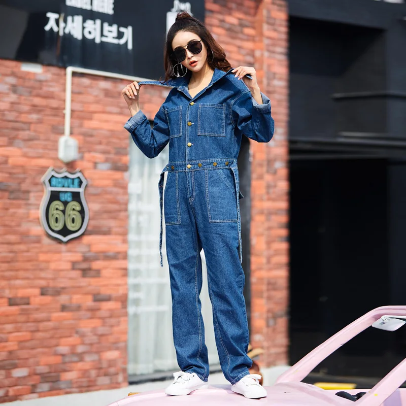 

2018 Women Denim Jumpsuit Autumn winter Casual Long Sleeves Button Rompers Loose Denim Jumpsuit Womens jeans Overalls