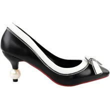 LF60401 Black White Zipper Stiletto Bows Bridal Party Pointed Toe Pearl Heel Pumps