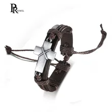 Унисекс Ретро Сплав Крест Кожаный браслет ручной работы Регулируемый тканый Канат