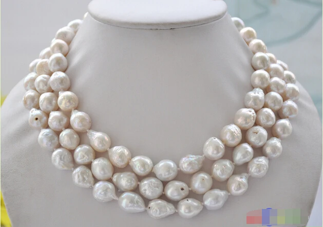 

FREE SHIPPING>>>@@ > P4950 3row 18" 13mm white almost round keshi reborn Edison pearl necklace ^^^@^Noble style Natural Fine jew