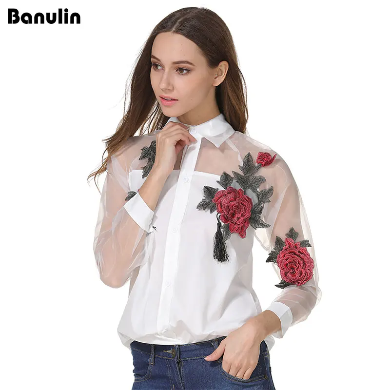 

Hot Sale Plus Size Blusa Women Spring Autumn Casual Long sleeves lapel Mesh Embroidered flowers Tassel Shirt Free Shipping