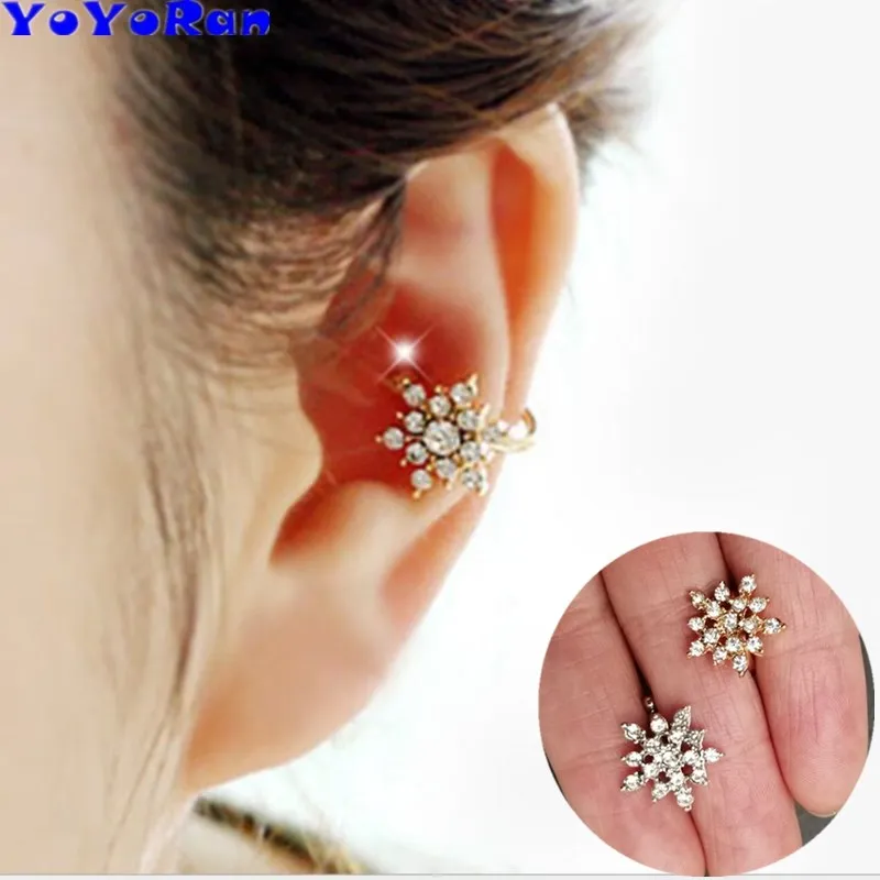 

1 Piece Crystal Snowflake star clip earrings ear cuff for woman gold silver rhinestone snow flower earring jewelry gift girl