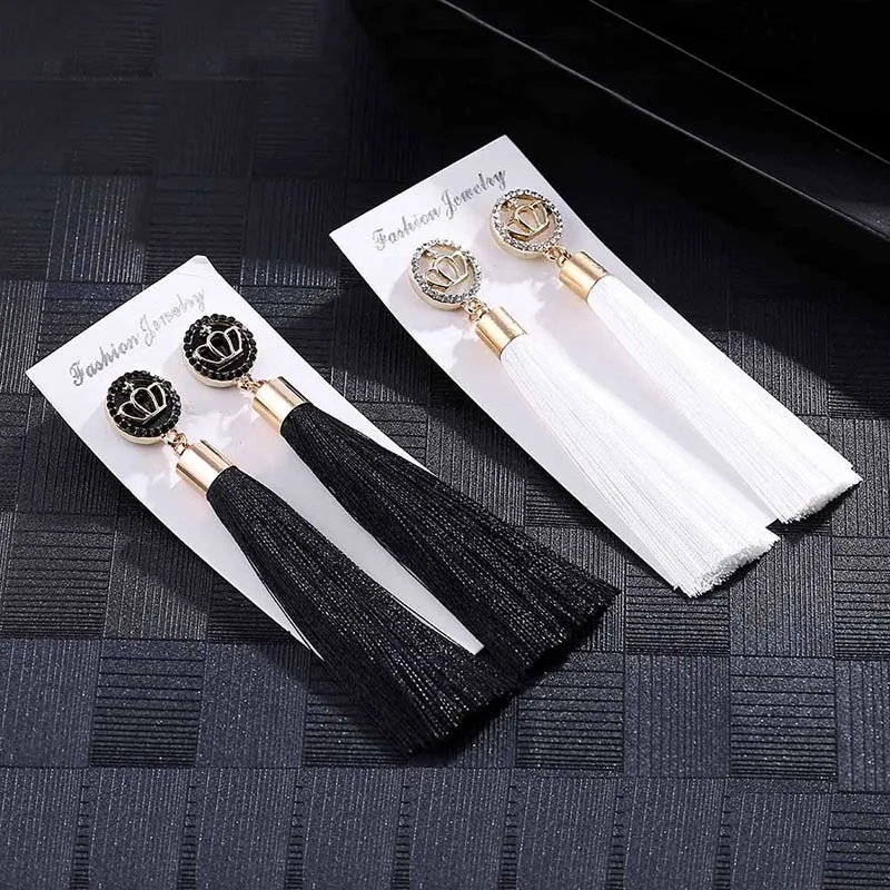 IMG_4175 Trendy Drop Earrings CrownWomenLongBohemianDangleBlueBalckMetalBohoGold Tassel Earrings 2018 Jewelry