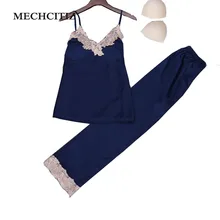 MECHCITIZ весенний Шелковый женский домашний пижамный комплект для дома леди милые кружевные пижамы брюки и топы одежда для сна