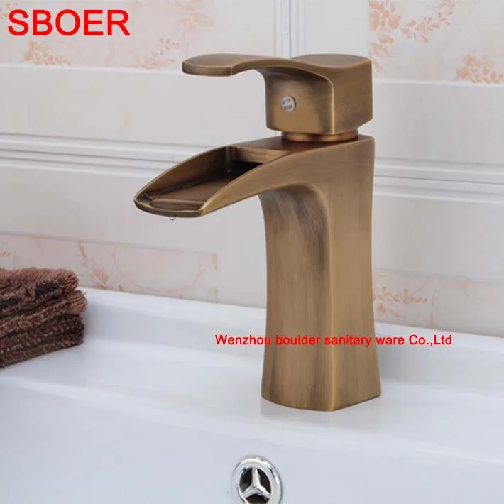 

Antique Brass Hot and Cold Water Waterfall Mixer Tap, Wholesale Retail Deck Mounted Single Handle Bathroom Sink Mixer Faucet