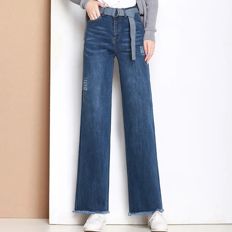 2019 autumn and winter new high waist dark blue jeans trousers hairy ...